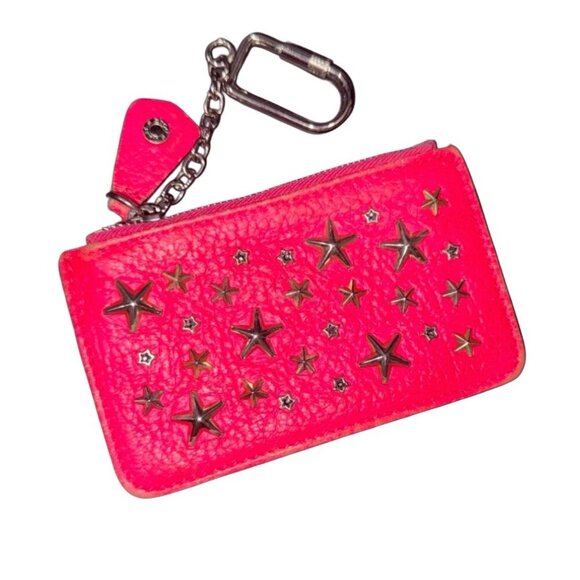 Jimmy Choo Pink Leather Coin Purse w Carabiner Clip Bag Charm, Studded Stars - Picture 1 of 5